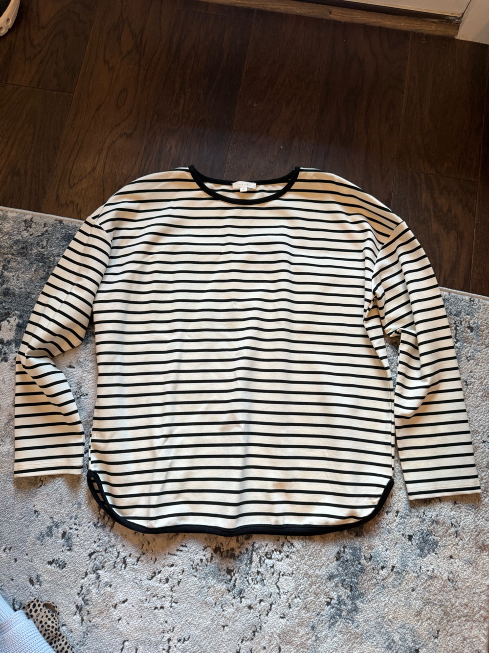 Striped Long-Sleeve Crewneck Top in Black and White